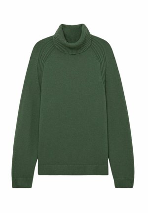 Pulover verde, tricotat gros, cu guler înalt cu nervuri și manșete cu nervuri. Dispune de mâneci raglan largi și o croială relaxată.