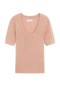 Světle růžový top s krátkým rukávem a hlubokým výstřihem do V. Má žeberkovou strukturu a měkký materiál pro pohodlné nošení.