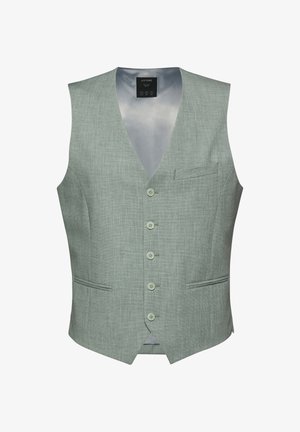 Jasnoszara, męska, dopasowana kamizelka z pięcioma guzikami, dwoma dolnymi kieszeniami na listwy oraz jedną kieszenią na listwę na piersi, całkowicie podszyta od środka.