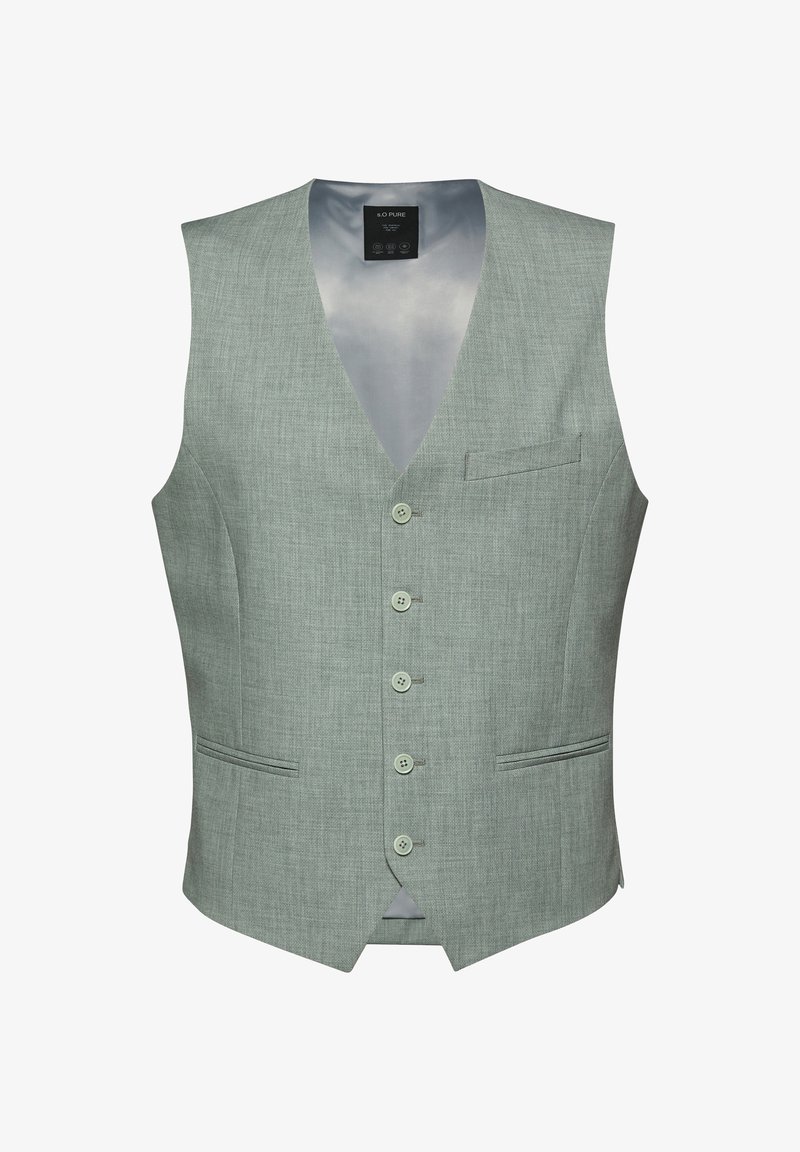 Hellgraue maßgeschneiderte Herrenweste mit fünf Knöpfen, zwei unteren Paspeltaschen und einer Paspeltasche auf der Brust, komplett gefüttert innen.