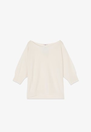 Ecru, luźny sweter z dzianiny z rękawami do łokcia i szerokim, łodziowym dekoltem.