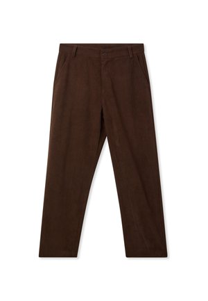 Pantaloni in velluto a coste marroni con bottone frontale, passanti per cintura, tasche laterali e gamba dritta su uno sfondo bianco.