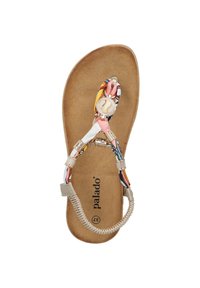 Infradito con sottopiede in sughero, cinturino in tessuto multicolore con un accento metallico decorativo e anello per le dita in gomma per supporto.