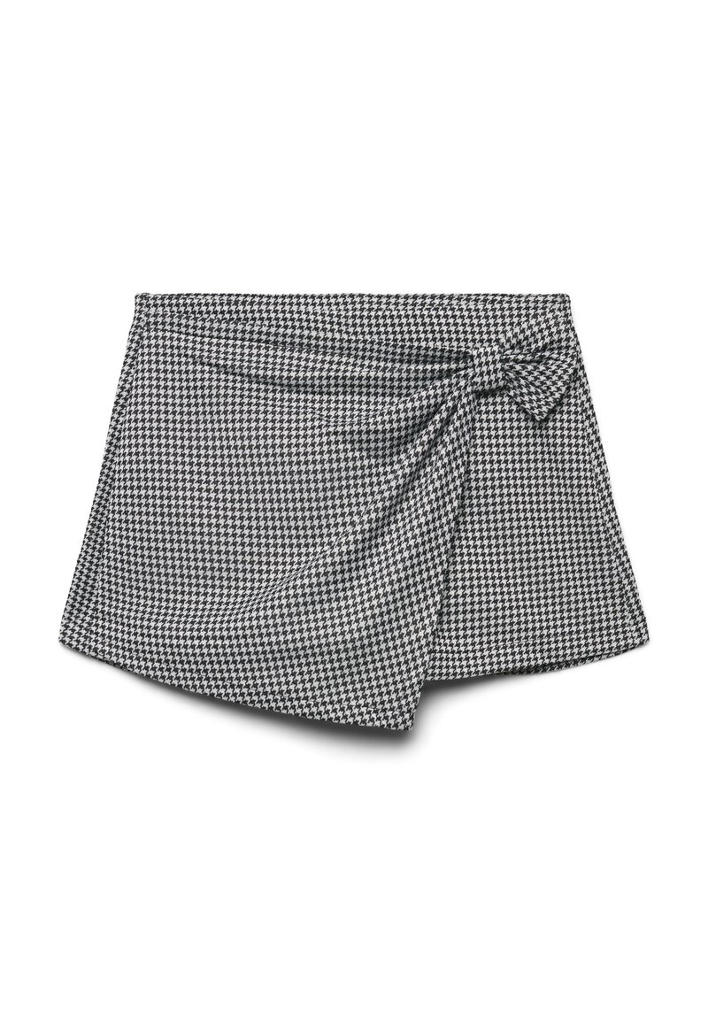 Czarna i biała spódnica w deseń houndstooth z detalem w postaci węzła z boku oraz miękką fakturą tkaniny; asymetryczny dół dodaje wizualnego zainteresowania.