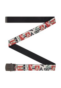 Woven fabric belt featuring a geometric pattern in red, green, and black, with a black elastic section and a metal buckle.