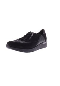 Zwarte sneakers van suede en leer met textuuraccenten, voorzien van een vetersluiting en een zijrits; gevoerde zool voor comfort.