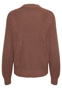 Brązowy sweter z dzianiny z prążkowanym dołem i mankietami. Posiada detal w formie warkocza po bokach, okrągły dekolt oraz luźny krój.