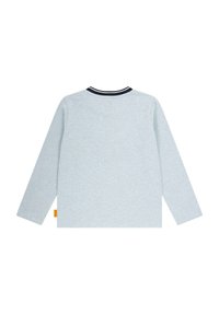 Hellgraues Langarmshirt aus weichem Stoff mit einem schwarz gestreiften Rundhalsausschnitt und einem kleinen Markenetikett an der unteren Seite.
