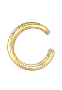 Anello color oro con una superficie liscia e lucida, caratterizzato da un design aperto e bordi arrotondati. Forma semplice e moderna, metallo leggero.