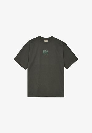 Dark gray short-sleeve crew neck t-shirt with small turquoise text design centered on the chest reading "HALO OFF DUTY GEAR."