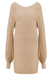 Maglione beige lavorato a maglia con scollatura asimmetrica, maniche lunghe a palloncino e motivi a rete, caratterizzato da polsini e orlo a coste testurizzati.
