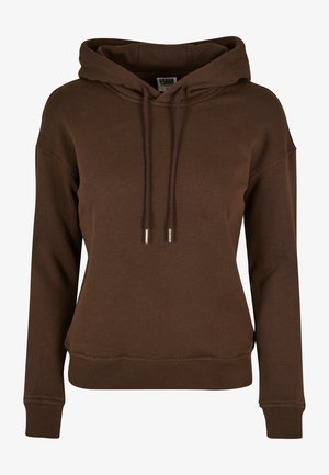 Hnedá mikina s kapucňou a voľným strihom, so sťahovacou šnúrkou, rebrovanými manžetami a spodným lemom; vyrobená z mäkkej a pohodlnej látky.