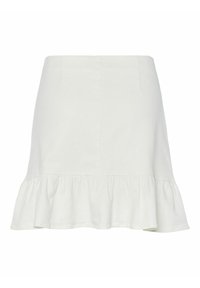 Balta kokvilnas svārki ar izpletumu apakšmalā, ar viļņotu apakšējo malu. Gluda tekstūra, minimāls dekors un ceļa garuma dizains.