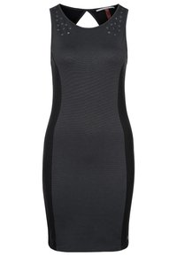 Czarna sukienka bez rękawów o dopasowanym kroju, z teksturowanej tkaniny i diamentowymi ćwiekami na ramionach. Zawiera detal w postaci otworu na plecach.