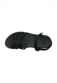 Svart sandal med en strukturerad gummioutsole, flera justerbara remmar och en säker tåloop-design.