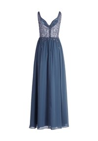 Robe de soirée longue en bleu atténué, avec un bustier en perles, un décolleté en V profond et une jupe en chiffon fluide avec une texture douce et superposée.