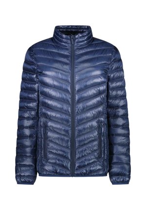 Marineblauwe doorgestikte gewatteerde jas met een opstaande kraag, ritssluiting en twee zijzakken; lichtgewicht, glanzende textuur, chevronpatroon.