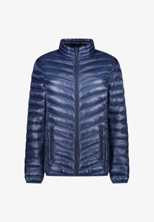 Marineblauwe doorgestikte gewatteerde jas met een opstaande kraag, ritssluiting en twee zijzakken; lichtgewicht, glanzende textuur, chevronpatroon.