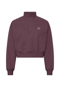 Bordeauxfärgad kort sweatshirt med hög krage, halvmatchande dragkedja och ribbade ärmslut. Har en diskret logotyp på bröstet och mjukt, texturerat tyg.