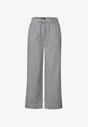 Weite Hosen im schwarz-weißen Streifenmuster, mit einem elastischen Taillenbund und einem Zugband für eine verstellbare Passform.