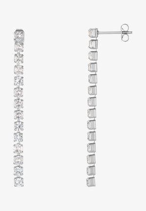Srebrne viseće naušnice s linijom prozirnih, kvadratno rezanih kristala u postavci s iglama, koje prikazuju elegantan, izdužen dizajn.