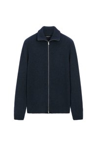 Cardigan a coste di colore blu navy con zip argentata a tutta lunghezza e colletto alto, maniche lunghe e polsini aderenti.
