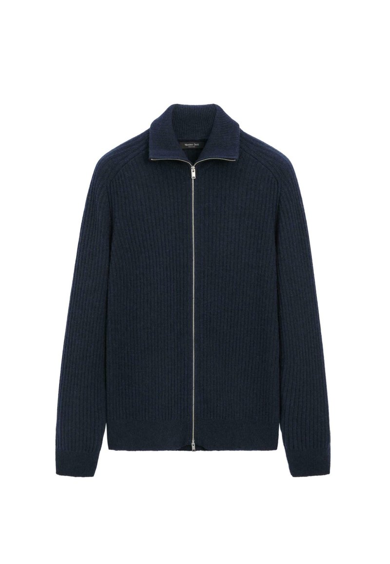 Cardigan a coste di colore blu navy con zip argentata a tutta lunghezza e colletto alto, maniche lunghe e polsini aderenti.