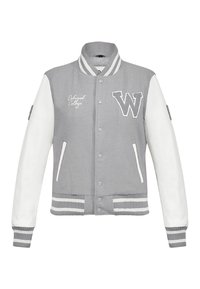Gray varsity jacket with white leather sleeves, ribbed collar, and cuffs. Features “W” embroidery and “Oakwood College” text on front.