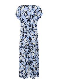 Tuta floreale di colore azzurro chiaro, con motivi di foglie in bianco e nero, maniche corte, vita elastica e design a gamba larga.