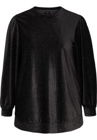 Czarna, długosleeve aksamitna bluzka z subtelnymi, diagonalnymi paskami brokatu, okrągłym dekoltem i bufkami przy mankietach.