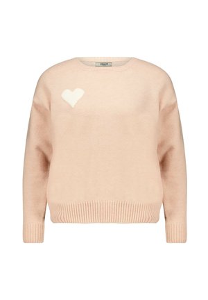 Pull léger rose en matériau doux, avec une patch en forme de cœur blanc sur la poitrine gauche, des poignets et un ourlet côtelés.