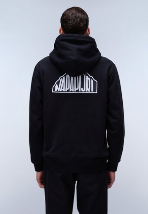 Felpa nera con cappuccio realizzata in tessuto misto cotone, caratterizzata da un grande logo bianco sul retro. Include un cappuccio con coulisse e polsini e orlo a costine.