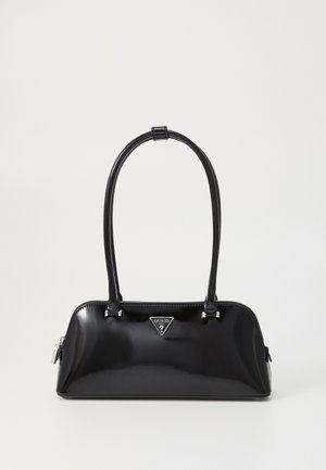 Black glossy handbag with a curved silhouette, two handles, and a front logo plaque. Zip closure and shiny hardware accents.