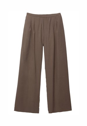 Brown wide-leg pants with elastic waistband and side pockets, made from lightweight fabric.