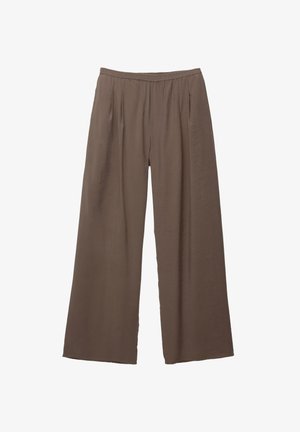 Brown wide-leg pants with elastic waistband and side pockets, made from lightweight fabric.