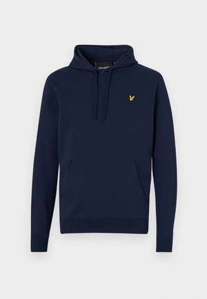 Hanorac de culoare bleumarin, cu snur ajustabil, buzunar frontal tip kangaroo și logo brodat galben pe piept. Material moale, din amestec de bumbac.