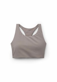 Grå sports-bh med en glat tekstur, der har en scoop-neck og �åben rygdesign. Den har minimale syninger.