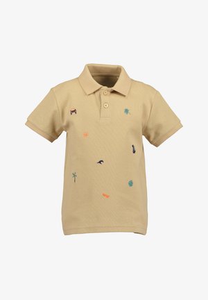 Beige poloshirt van een katoenmix met een klassieke kraag. Voorzien van kleurrijke geborduurde motieven, waaronder een auto, zon, palmboom en golven.