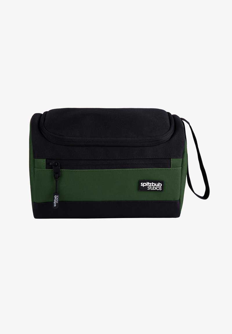 Groen en zwarte rechthoekige tas van stof, met een ritssluiting aan de voorkant, een draaghandvat en een logo-opdruk aan de zijkant.