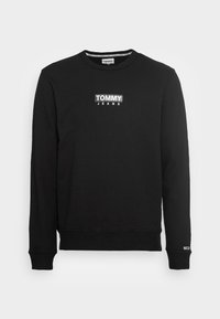 Sudadera negra de mezcla de algodón, con cuello redondo, puños acanalados y un logotipo blanco impreso en el pecho.