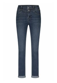 Donkerblauwe slim-fit jeans met dubbele knoopsluiting, riemlussen, voor- en achterzakken en opgerolde boorden bij de enkels.