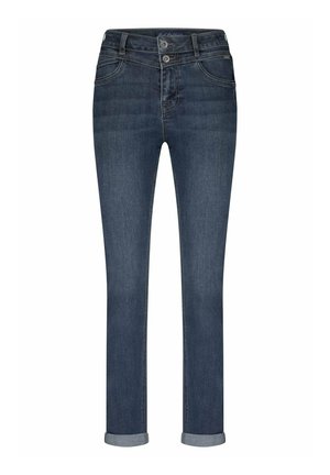 Donkerblauwe slim-fit jeans met dubbele knoopsluiting, riemlussen, voor- en achterzakken en opgerolde boorden bij de enkels.