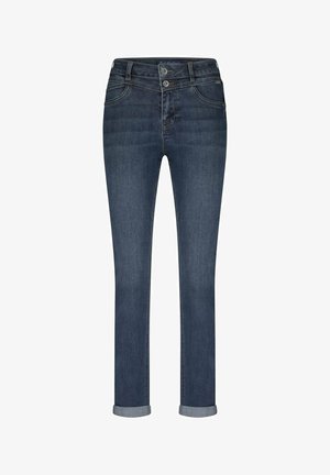 Donkerblauwe slim-fit jeans met dubbele knoopsluiting, riemlussen, voor- en achterzakken en opgerolde boorden bij de enkels.