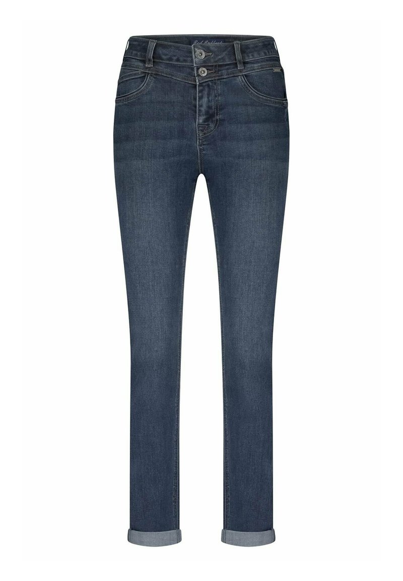 Donkerblauwe slim-fit jeans met dubbele knoopsluiting, riemlussen, voor- en achterzakken en opgerolde boorden bij de enkels.