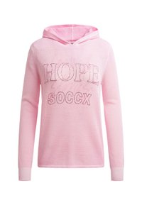 Helle rosa gestrickte Kapuzenpullover mit langen Ärmeln und durchbrochenem Text "HOPE SOCCX" auf der Vorderseite.