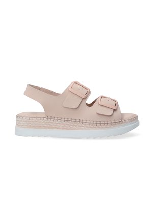 Lys lyserød lædersandal med to spænder, espadrille-stil vævet mellemsåle og hvid gummisål. Åben bagdesig, glat tekstur.