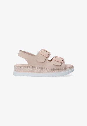Lichtroze leren sandaal met twee gespsluitingen, espadrille-stijl geweven middenzool en witte rubberen zool. Open achterkant ontwerp, gladde textuur.