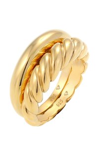Bague en ton doré avec un bandeau lisse ornée d'un design en corde torsadée. Des accents texturés et des gravures pour l'authenticité sont visibles à l'intérieur.
