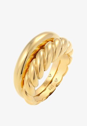 Goldfarbener Ring mit einem glatten Band und einem gedrehten Seildesign. Texturierte Akzente und Gravuren zur Authentizität sind innen sichtbar.