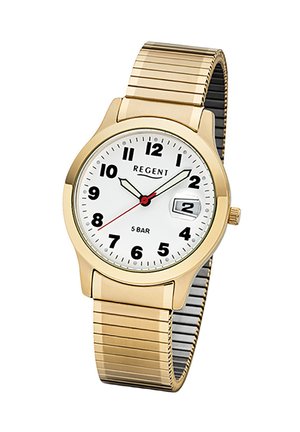 Montre-bracelet dorée avec un cadran blanc, des chiffres arabes noirs, une trotteuse rouge et un guichet de date. Dotée d'un bracelet en métal flexible.